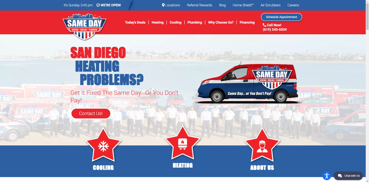 Screenshot of Same Day Heating & Air Conditioning, from the hvac websites collection.