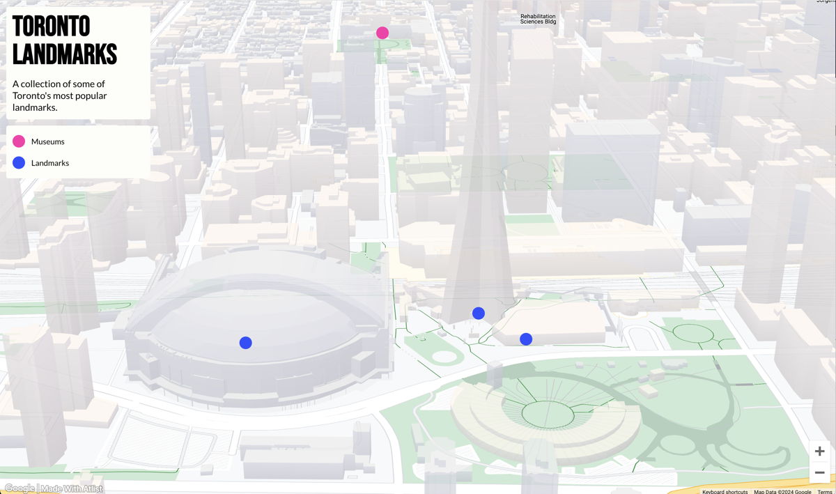Screenshot of 3D Landmarks Map, from the google maps api examples collection.