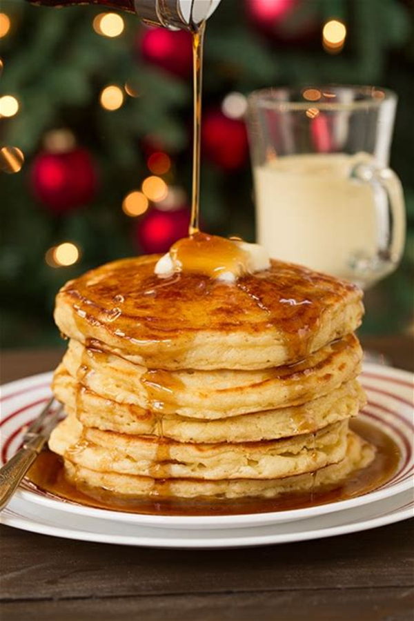 Photo of BRUNCH Eggnog Pancakes with Maple Rum Butter and Nitrite Free Bacon