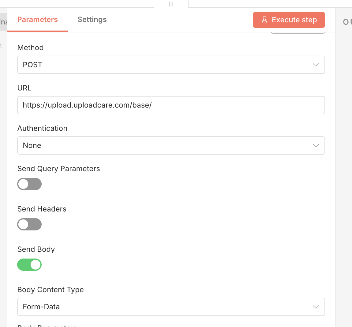 n8n HTTP Request node configured for Uploadcare upload
