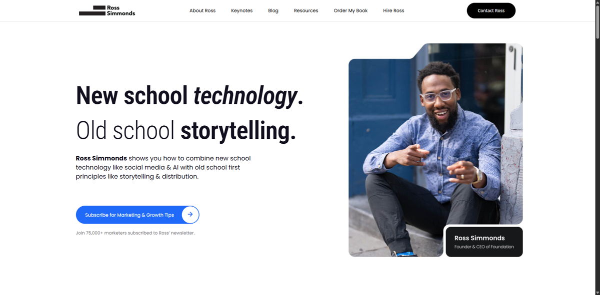 Screenshot of Ross Simmonds, from the content marketing portfolios collection.