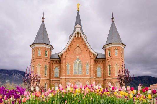 Provo City Center Temple surrounded by tulips.