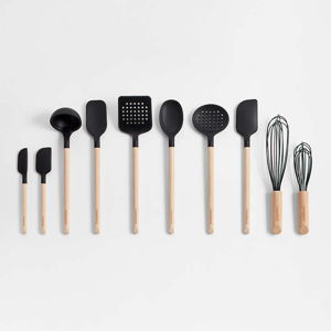 Crate & Barrel Wood and Black Silicone Utensils, Set of 10, Black