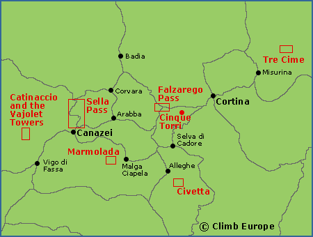 Map of the classic rock climbing areas in the Dolomites