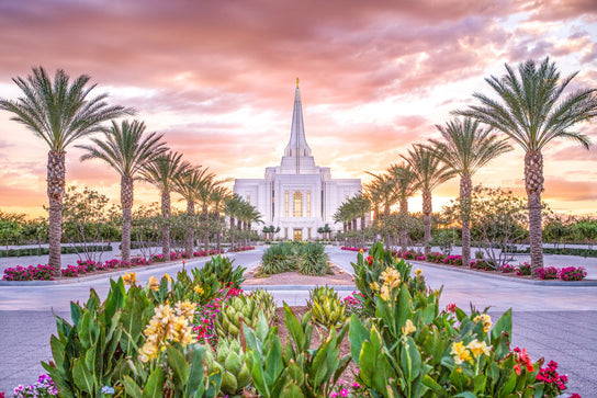 Flowerbeds and palm trees lining the way to the Gilbert Temple.