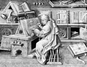 Image d'une gravure d'un moine tel que St-Jérôme