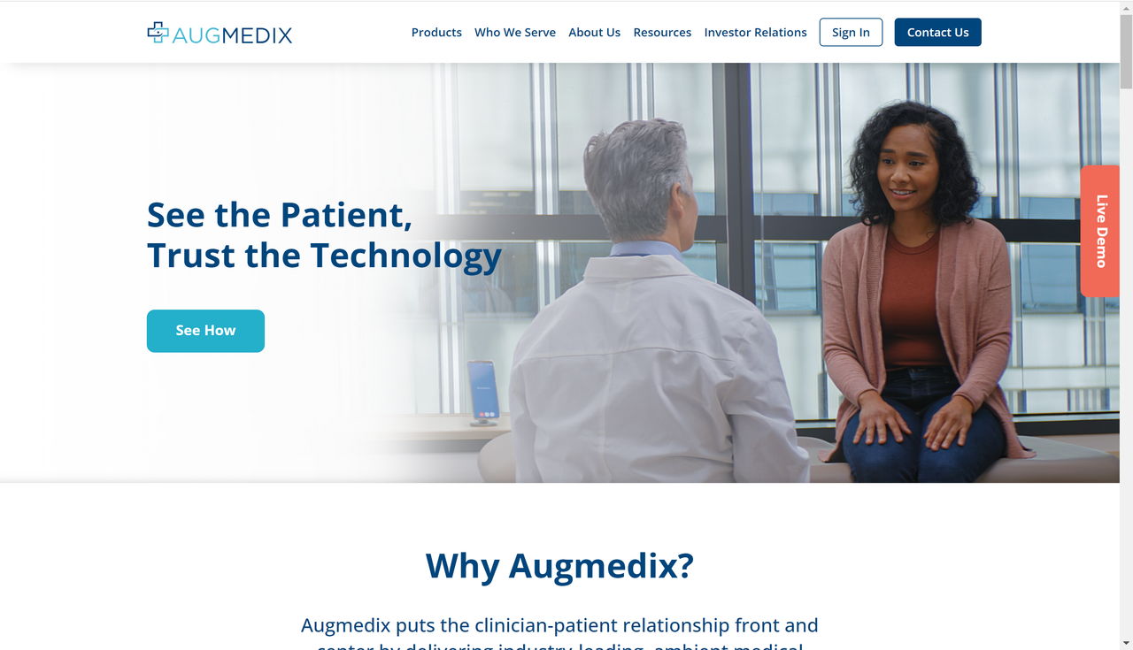 Screenshot of Augmedix's website landing page, an AI scribe