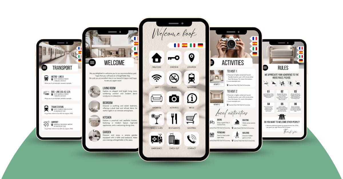 Editable Airbnb Welcome Book on smartphone screen, guest information guide template