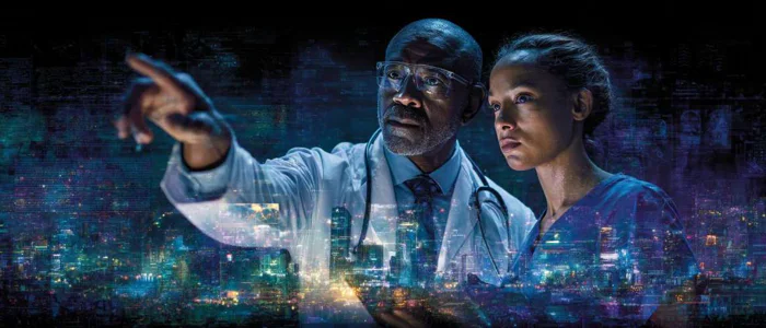 Healthcare professionals in a futuristic facility collaborating with holographic displays.