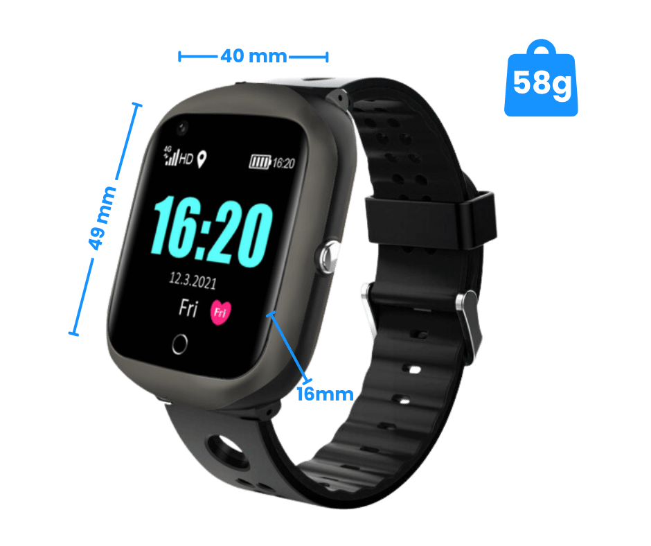 Image showing the MindMe Watch Pro SOS personal alarm watch, emphasizing its compact and lightweight design at 58g for everyday comfort. This dependable fall alarm watch includes an SOS button, GPS tracking, and fall detection, providing individuals with the confidence to live life independently.