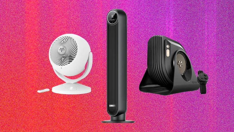 White circular stand with round base, tall black tower fan, and angular black fan