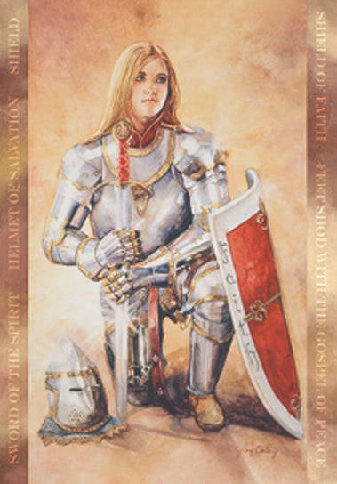 Painting of a young woman wearing kneeling in a suit of armour.
