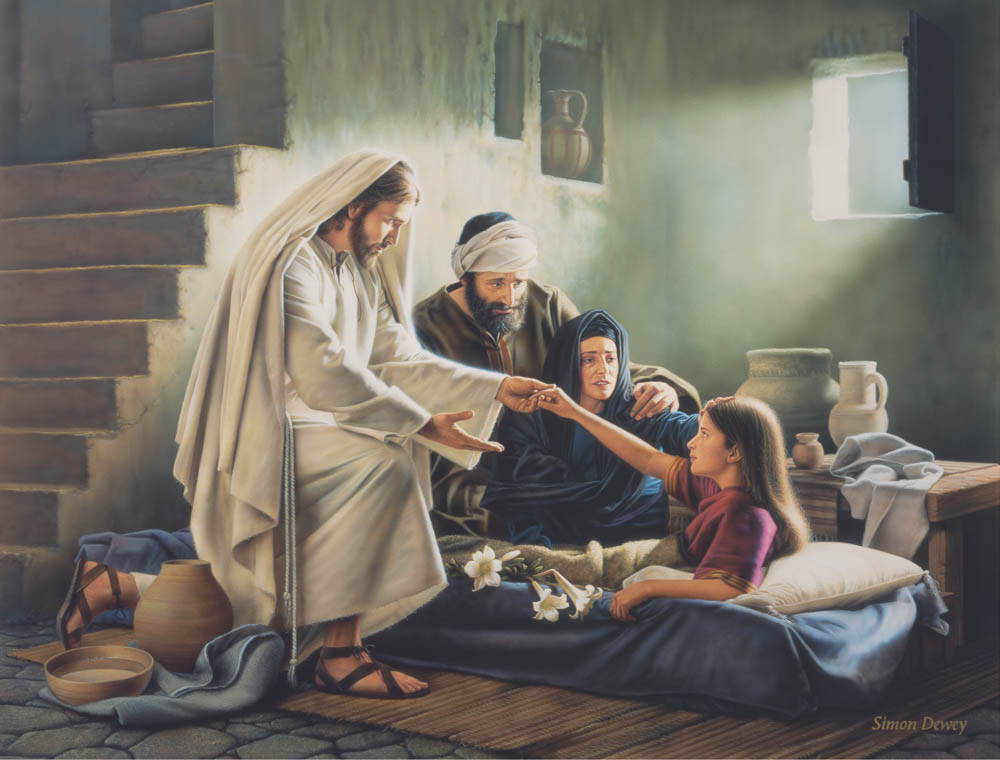 Jesus healing a young girl while her parents watch in awe.