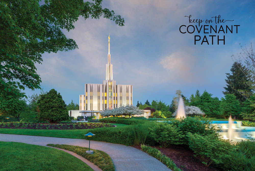 Poster of the Seattle Temple and surrounding greenery and fountains.