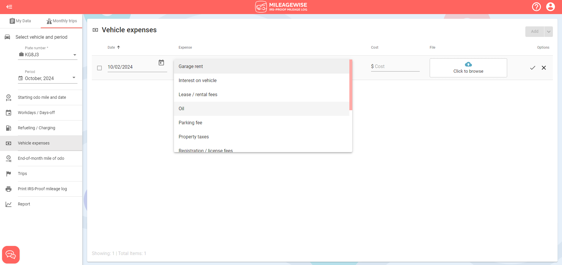 MileageWise vehicle expenses