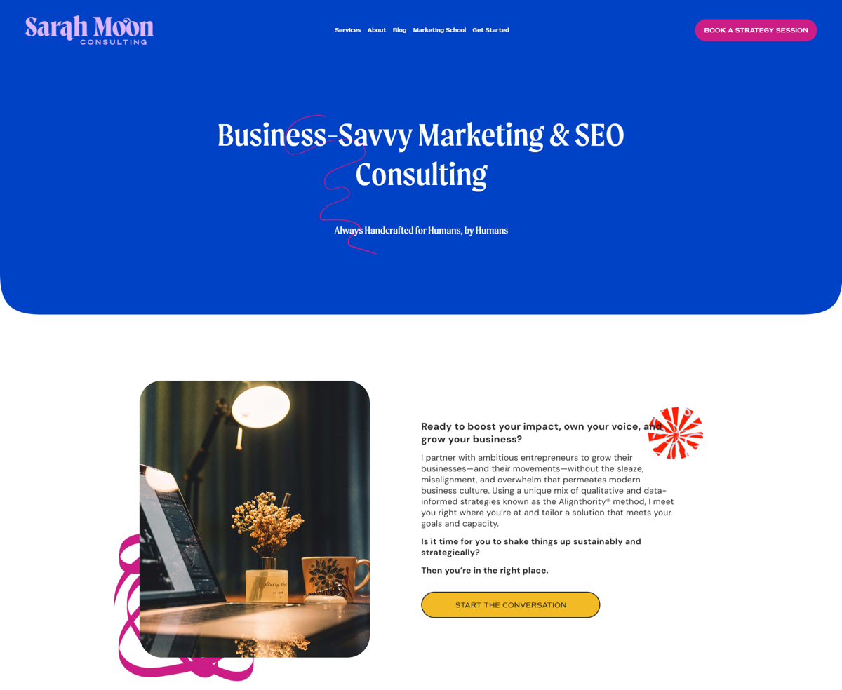Screenshot of Sarah Moon Consulting, from the content marketing portfolios collection.