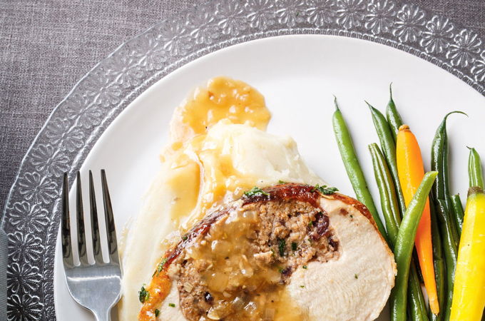 Gluten-Free, Dairy-Free  and Nut-Free Stuffed Turkey Roast  with Sausage and Cranberry