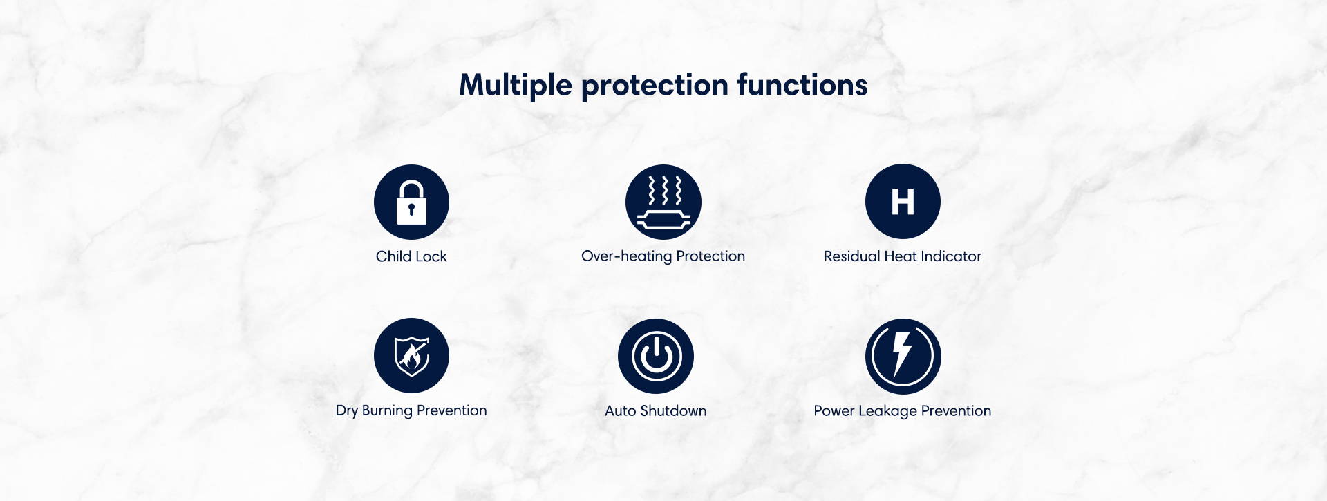 Multiple protection functions child lock overheat protection residual heat indicator dry burning prevention auto shutdown power leakage prevention