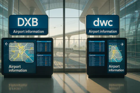 Inside an airport terminal, two digital information screens show maps and departure times for DXB and DWC airports, with a window view of a monorail and city skyline.