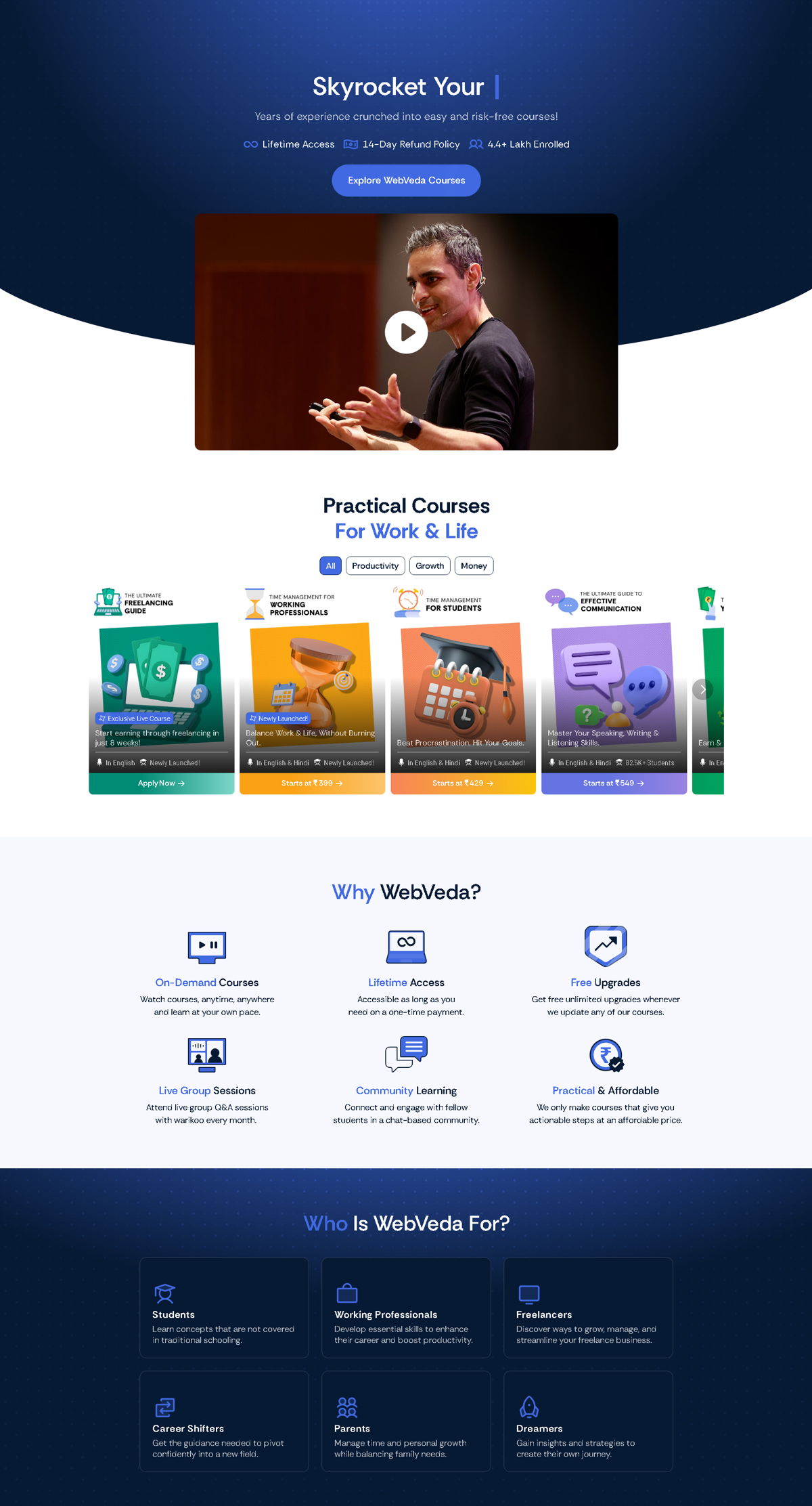 Screenshot of Webveda by ankur warikoo, from the homepage examples collection.