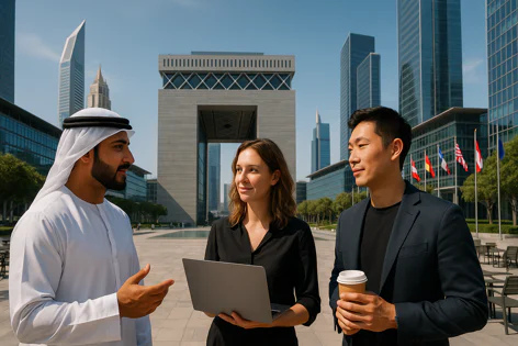 Diverse business people meet outdoors in Dubai's financial center, holding a laptop and coffee, with the iconic Gate building behind them.