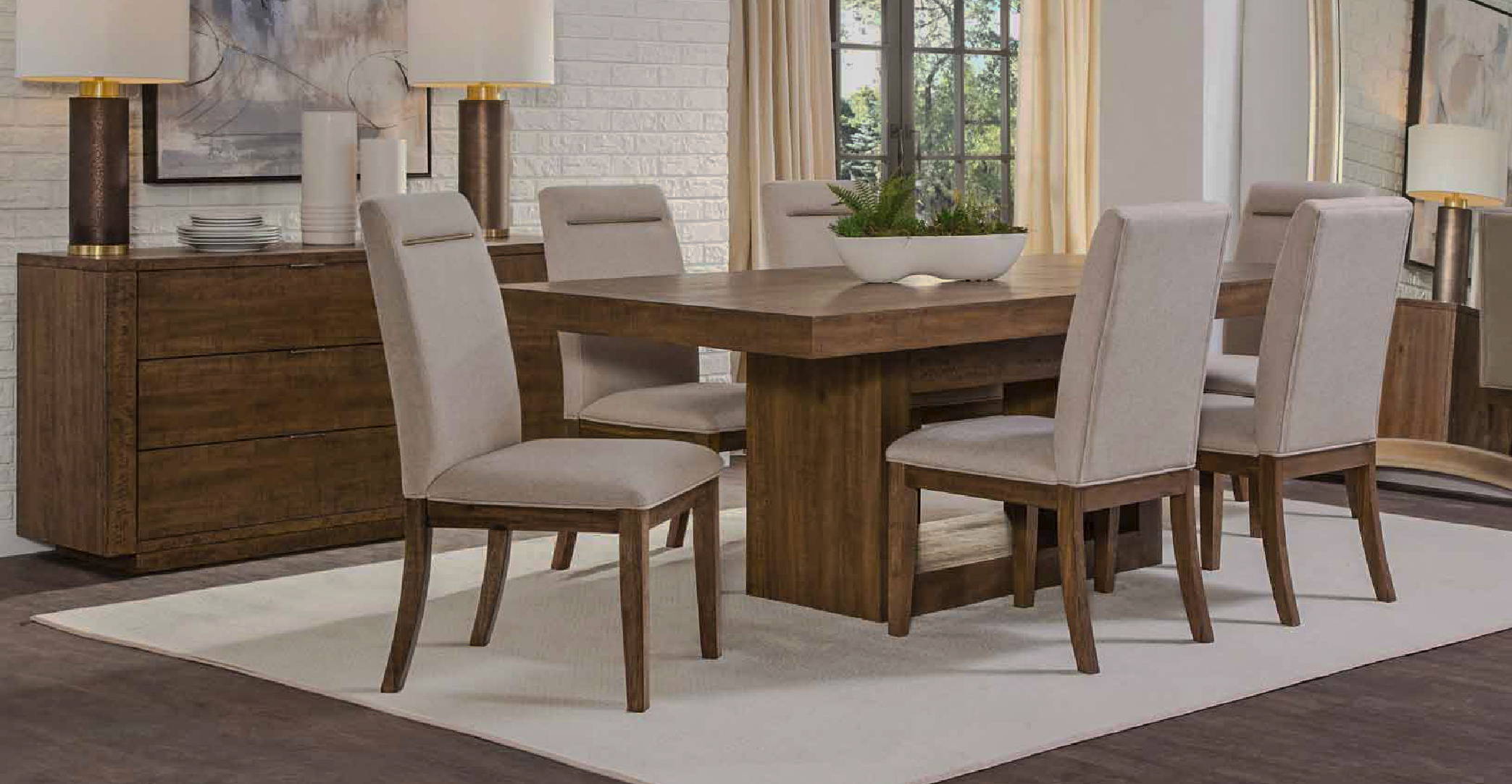 Modern classic round dining room set with 4 chairs. Click to Shop more dining room options. 