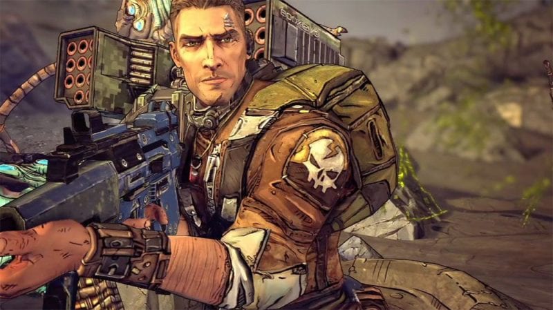 Axton from Borderlands, wearing his army style outfit and weapon looking off into the distance in an outdoors environment during daylight.