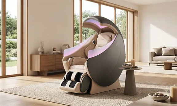 Sleek, futuristic OSIM massage chair with an ambient-lit canopy hood placed in a bright, modern living room