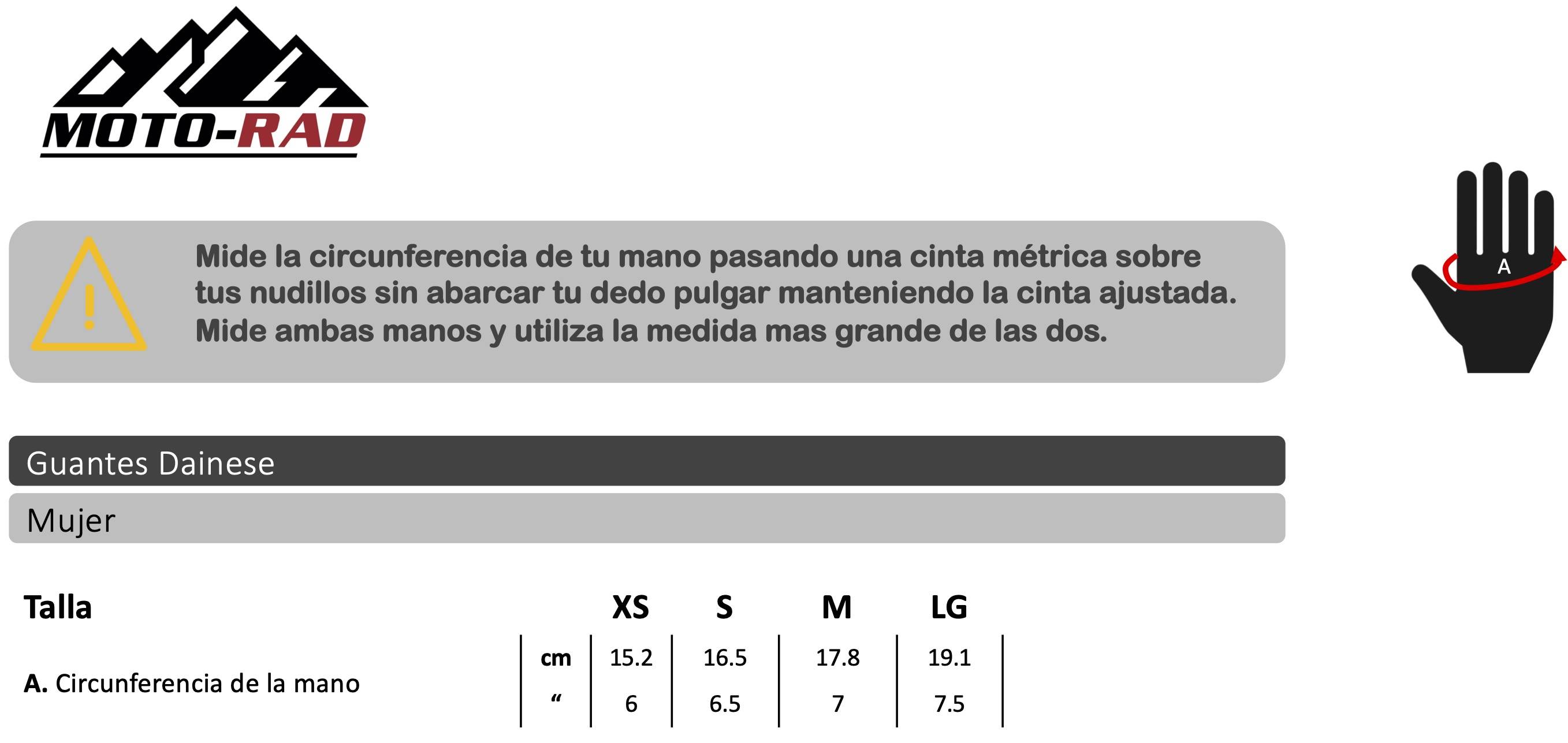 Guía de Tallas Guantes de Mujer Dainese