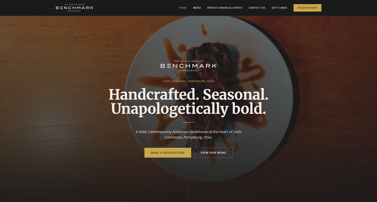 Screenshot of Benchmark Restaurant, from the godaddy airo websites collection.
