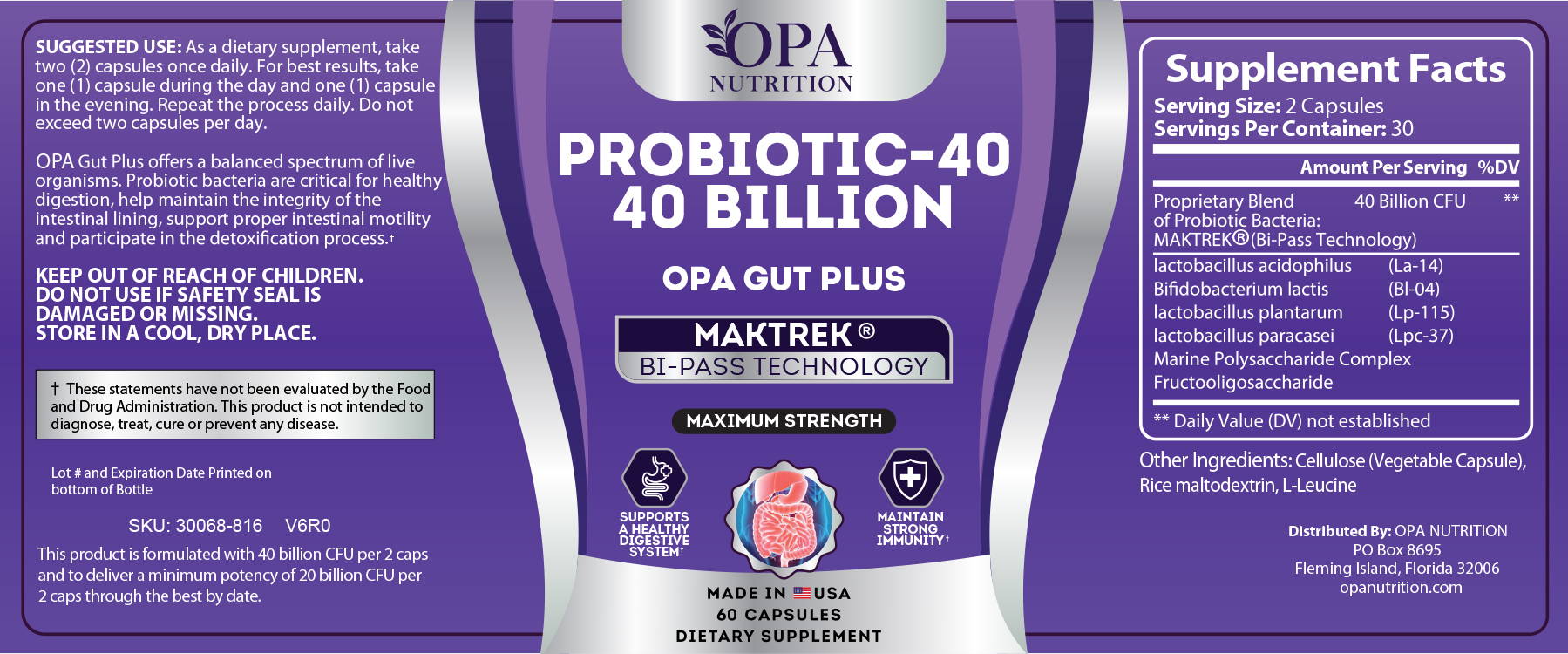 OPA NUTRITION PROBIOTIC-40 LABELS and DIRECTIONS