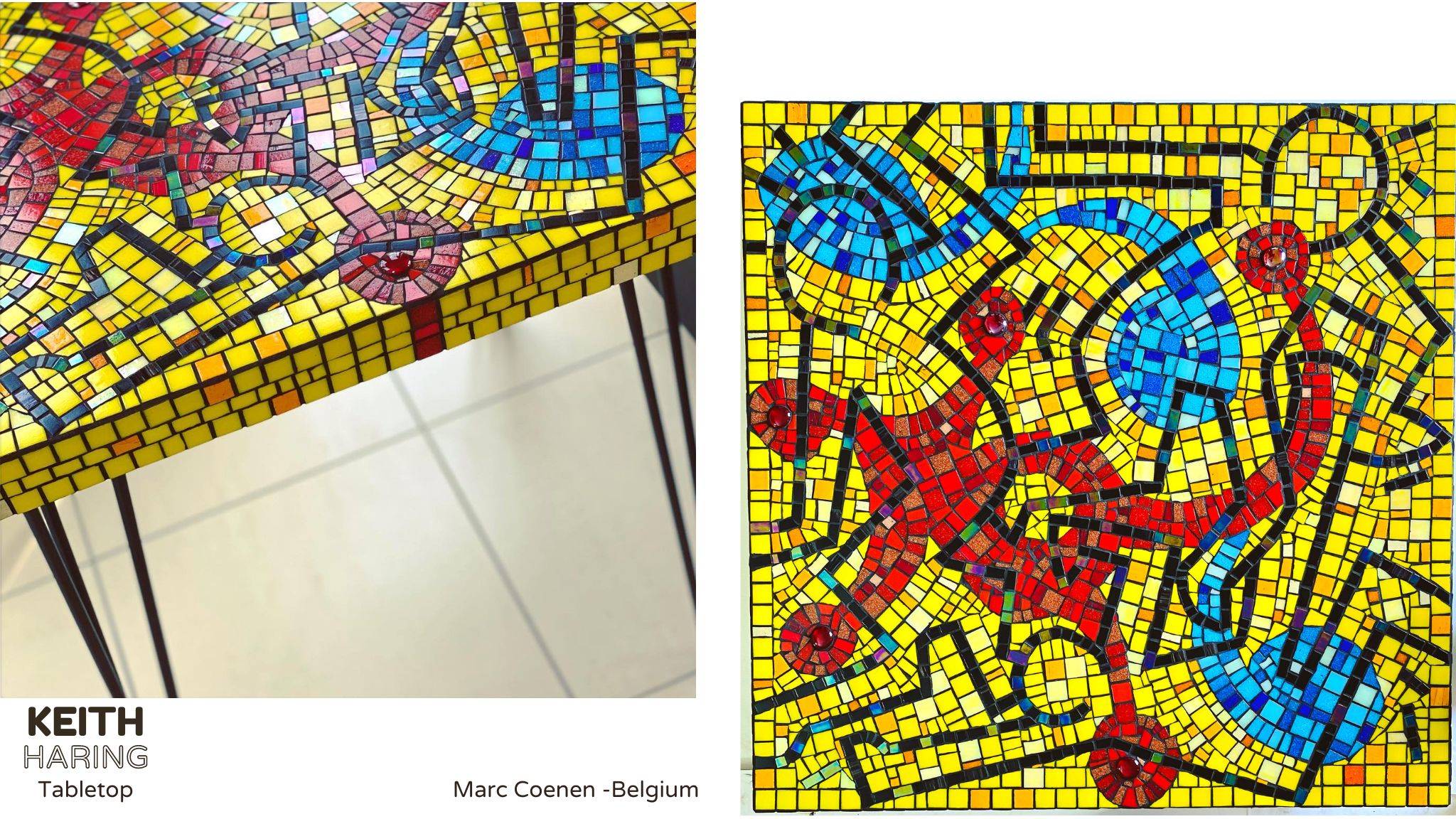 Vierkant tafelblad gemaakt met mozaiek in Keith Haring design. De typische figuren op een gele achtergrond. Alle glasmozaiek is op maat geknipt.