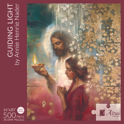 Box cover of a 500 piece puzzle featuring a painting of Jesus holding a lamp and guiding a young woman in prayer.