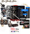 Promo image for The Tattoo Artists Mega Bundle showcasing Procreate tools, including 3D models, tattoo lettering, stencils, and a beginner guide video tutorial, with over 4500+ tools.