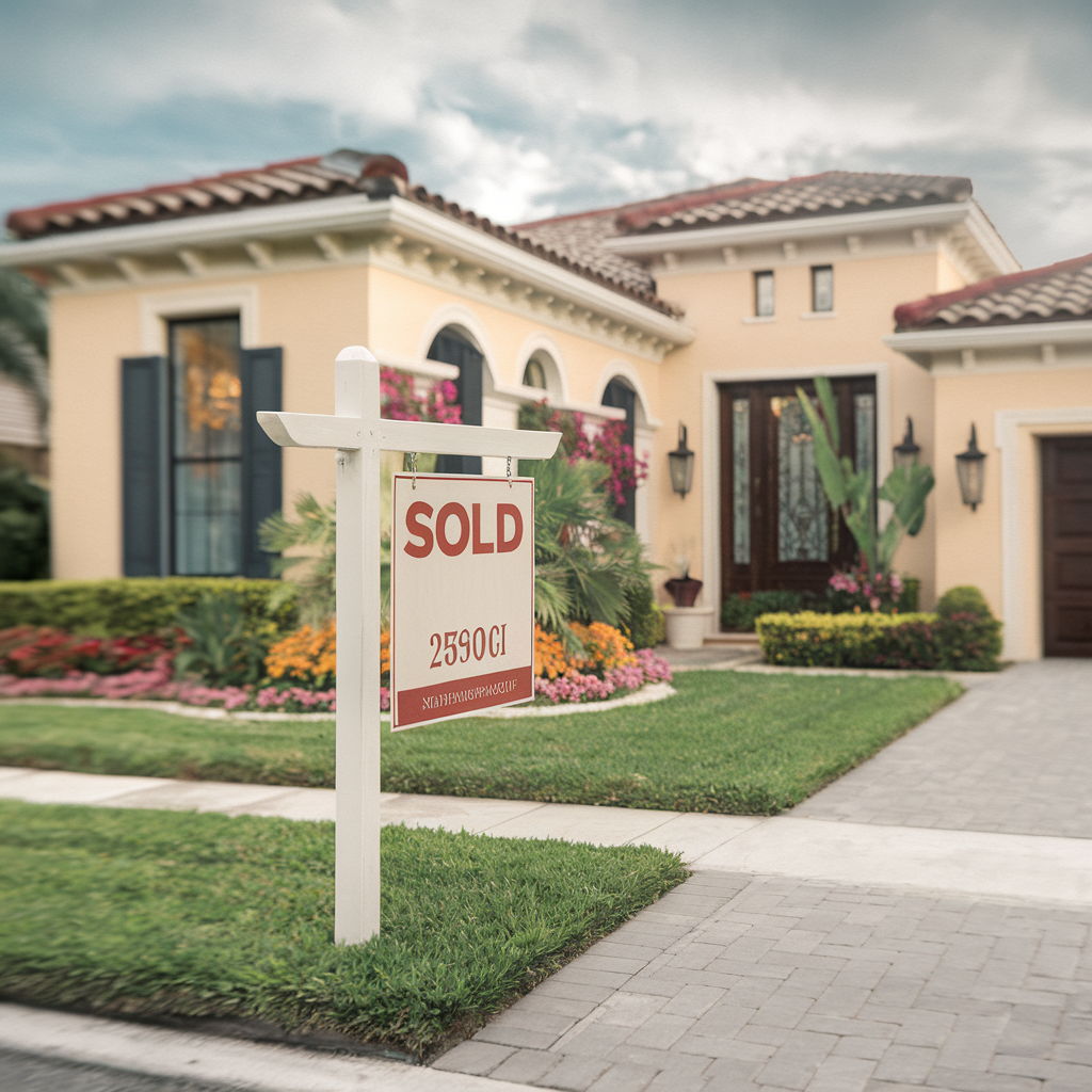 A Sold sign standing proudly in front of a well-maintained Miramar home with Mediterranean-style architecture. The house features a freshly painted exterior, manicured lawn, and vibrant flowers, symbolizing a successful home sale. high focus, sharp, lots of bright light, extra bright, highly detailed, high quality, dslr, film grain, fujifilm XT3, RAW photo, RAW candid cinema, color graded porta 400, depth of field, hyper realistic, natural-looking, expressive, textured skin, texture, 8k, photorealistic