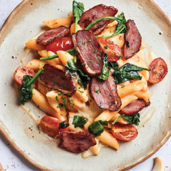Creamy Alfredo with Smoked Duck, Cherry Tomato and Baby Spinach