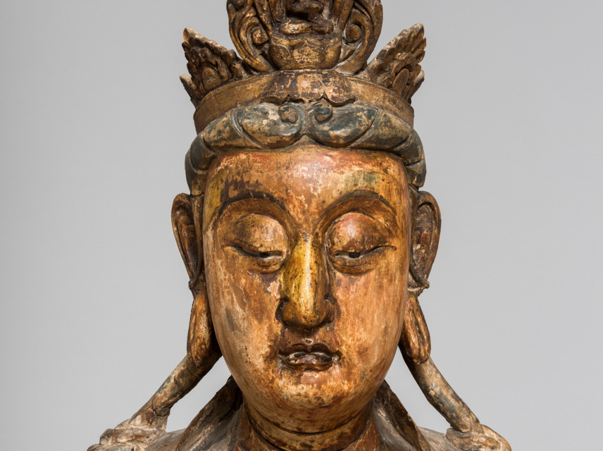 Image Title:   Guanyin Bodhisattva (detail)  Chinese, Song-Yuan Dynasty, mid-13th century  Wood with traces of pigment and gilt  h. 50 in. (127 cm); w. 29 in. (73.7 cm); d. 16 in. (40.6 cm