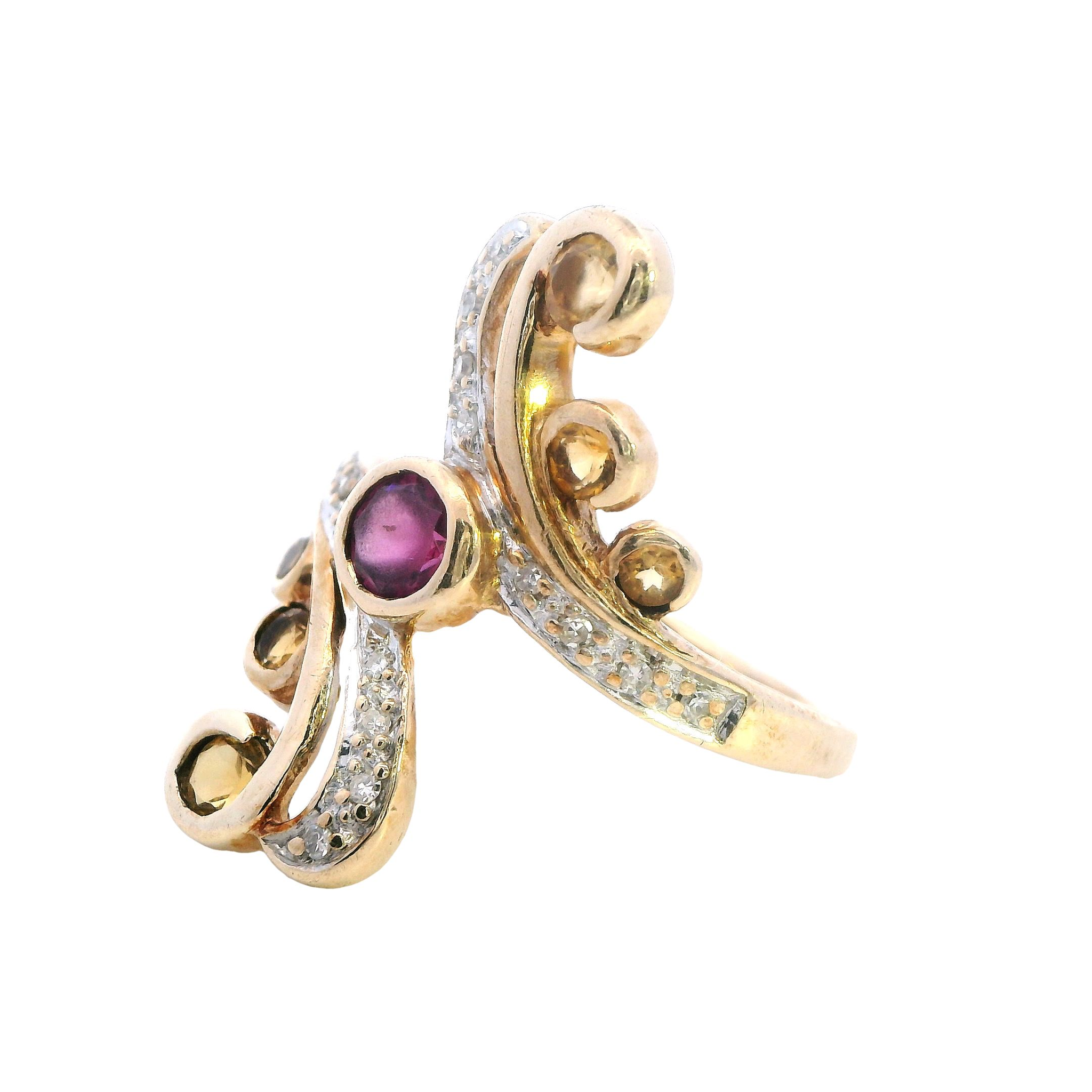 9ct Yellow Gold Sapphire, Citrine, and Diamond Ring - Image 3