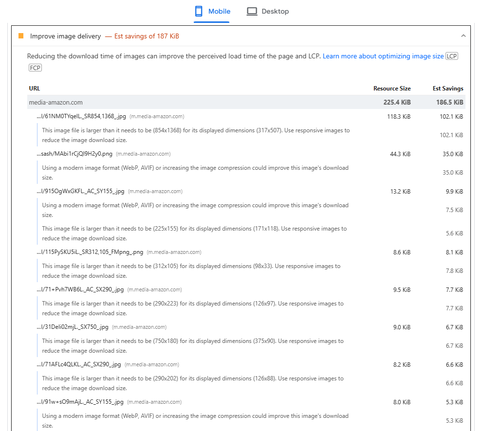 PageSpeed Insights report for image delivery