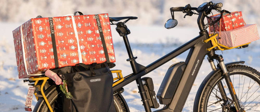 Riese & Müller electric bike in the snow with cargo and presents