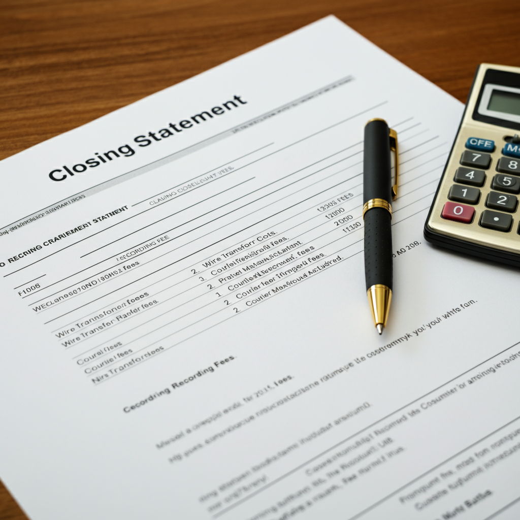 A close-up of a closing statement highlighting miscellaneous fees including wire transfer costs, courier charges, and recording fees. The document is placed on a wooden table with a pen and calculator nearby.