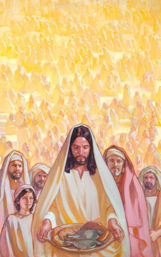 Jesus holding a dish of loaves and fishes with an immense crowd of people behind Him.