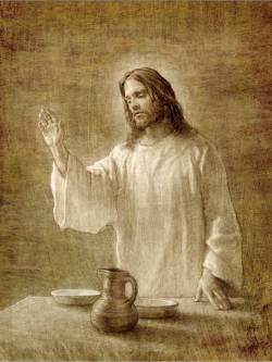 Sepia sketch of Jesus implementing the sacrament.