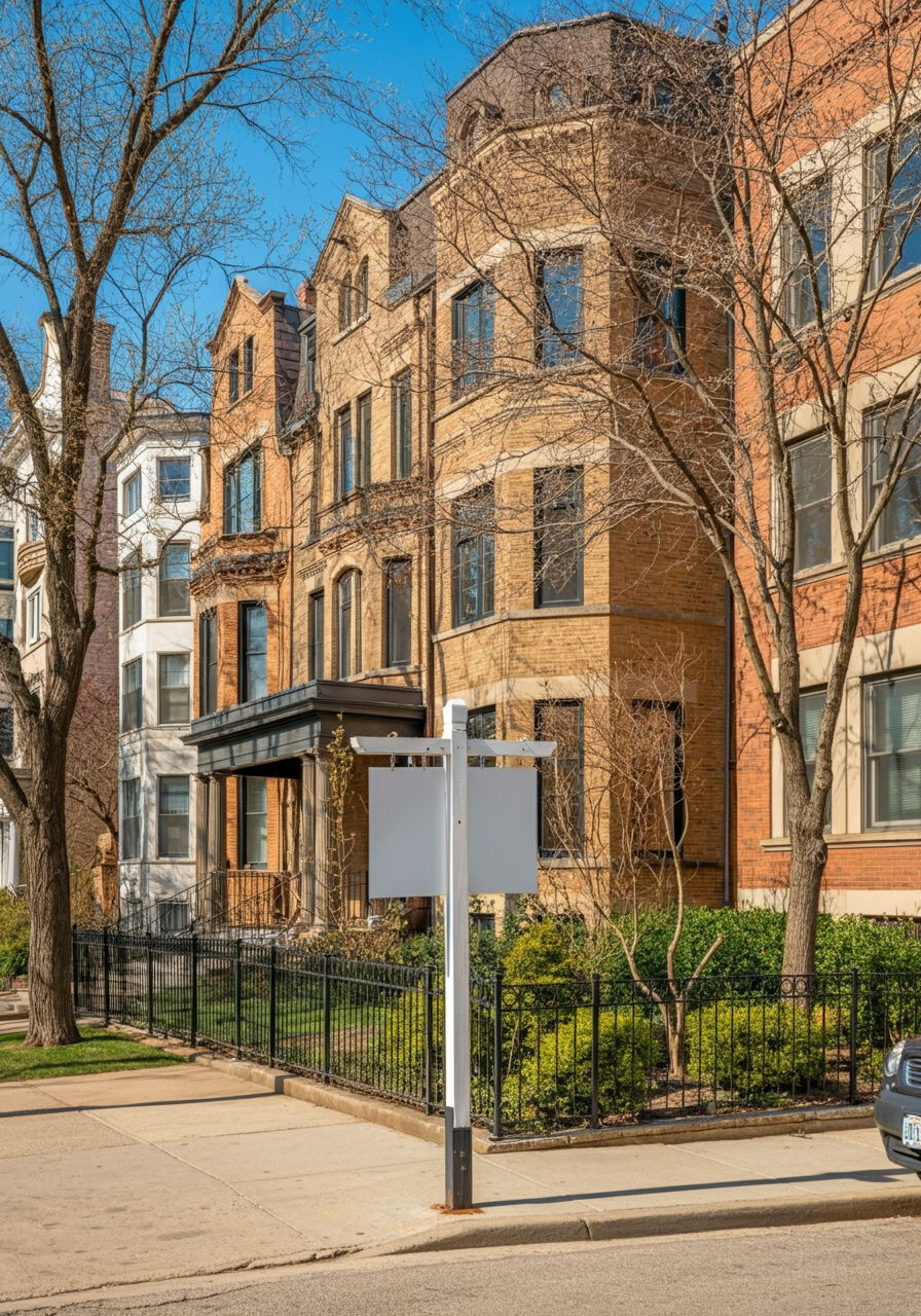 Gold Coast in early spring with budding trees and luxury properties showcasing refreshed exteriors. Real estate signs indicate new listings as the market enters its most active period, with increased foot traffic from prospective buyers touring the neighborhood.