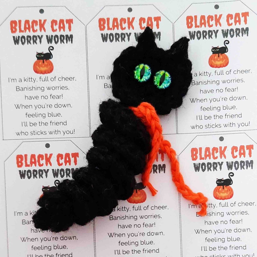 Black Cat Worry Worm Crochet Pattern