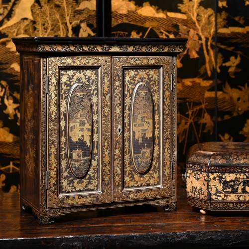Chinese export black lacquerware cabinet & work box from Canton made for the European export market