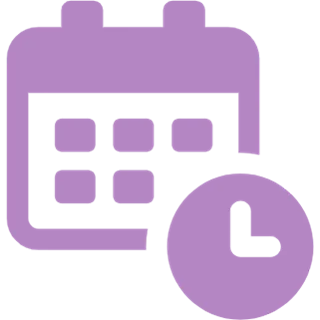 Calendar icon with a clock, purple. Represents scheduling or an event reminder.
