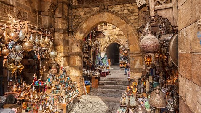 Cairo, Egypt - Feb 19 2018 Lamp or Lantern Shop in the Khan El Khalili market in Islamic Cairo