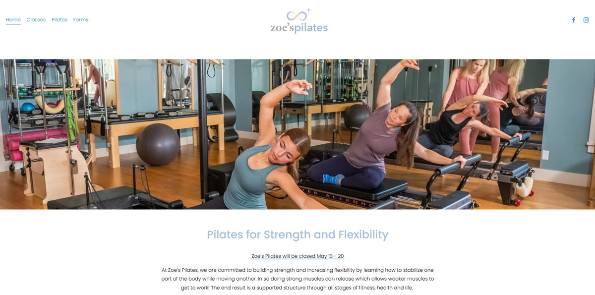 Screenshot of Zoe's Pilates, from the pilates websites collection.