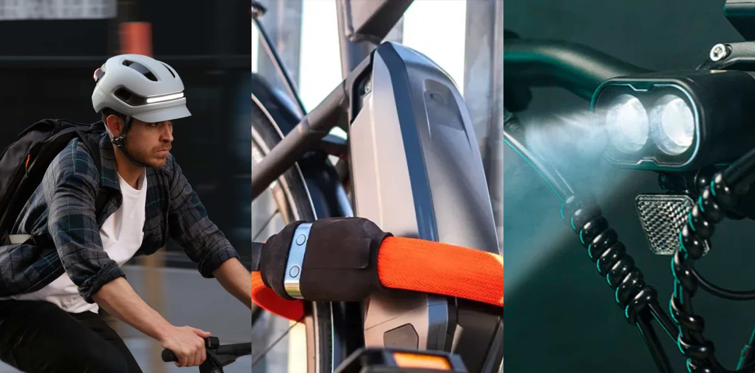 Montaje de una persona en una e-bike con un casco, un candado y una luz.